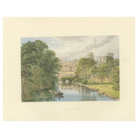 Warwick Castle River View, English Castle Landscape Engraving, c1850