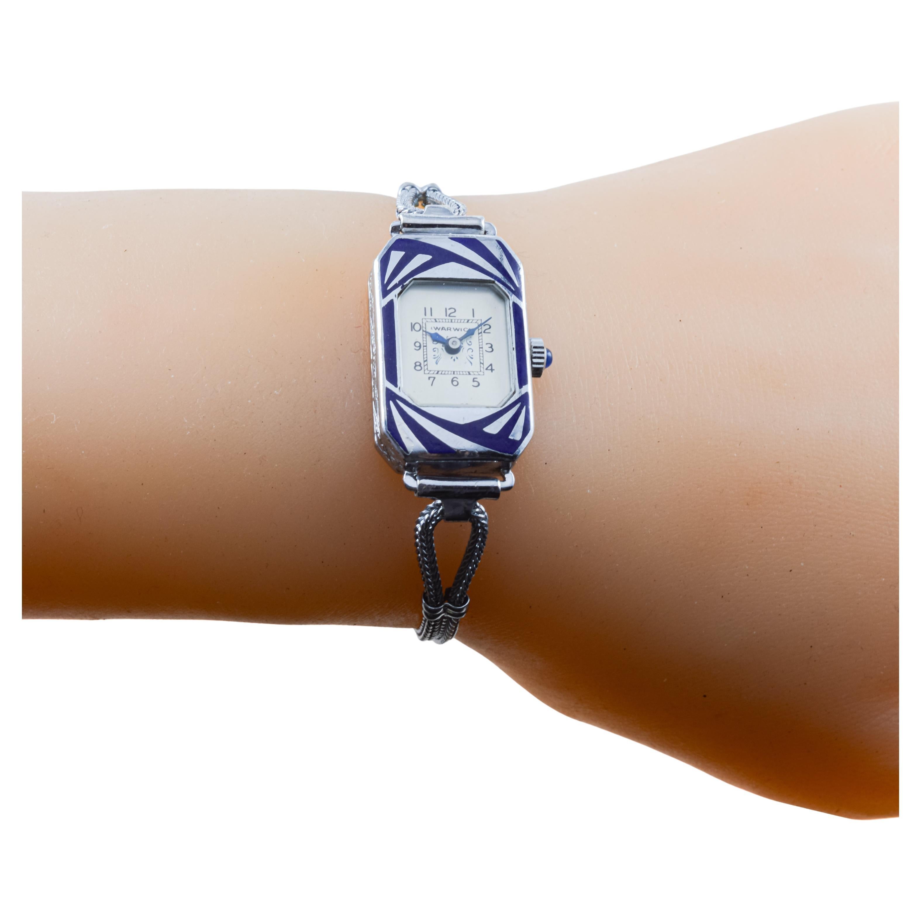 Warwick Chrome and Enamel Art Deco Ladies Watch circa 1920's For Sale 6