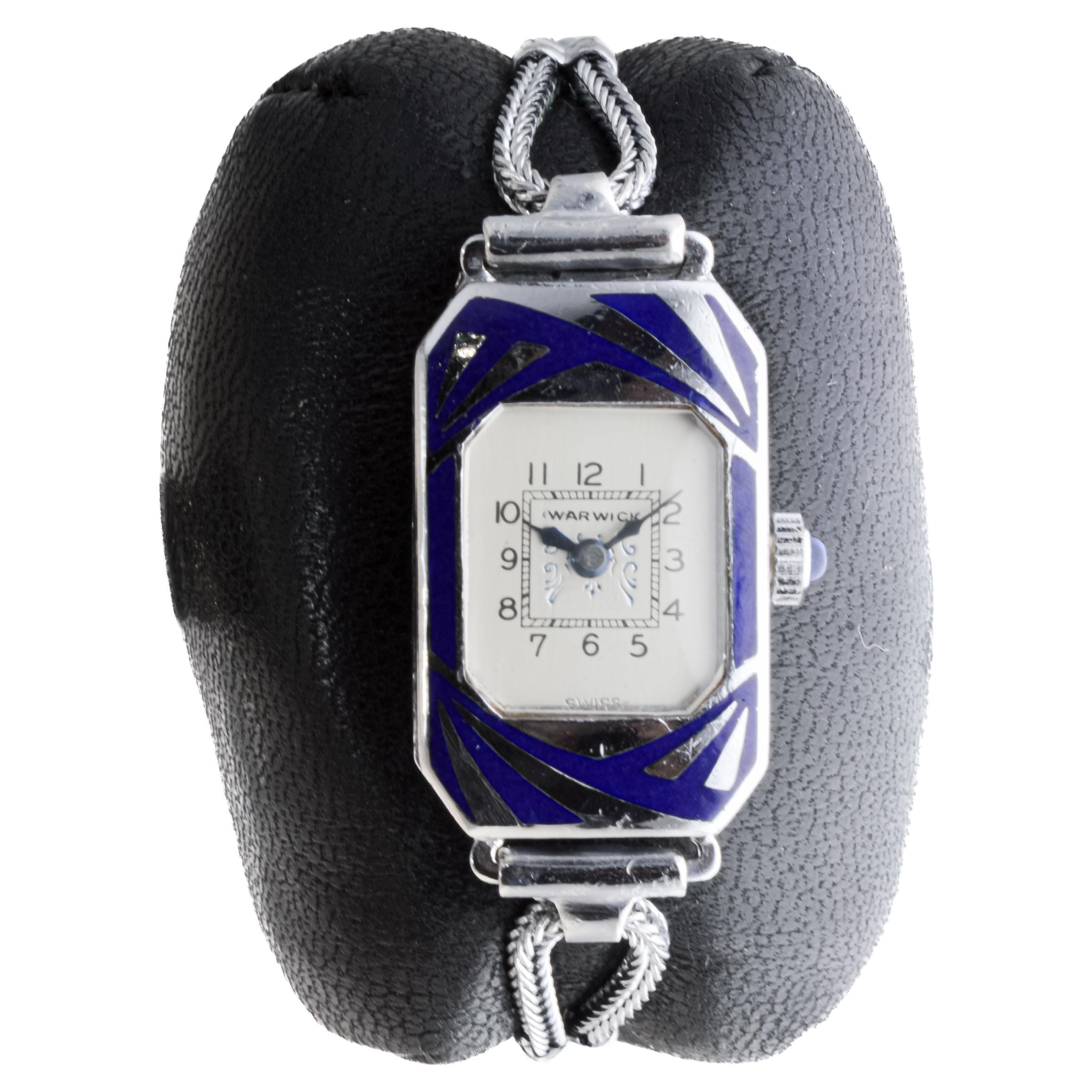 Warwick Chrome and Enamel Art Deco Ladies Watch circa 1920's In Excellent Condition For Sale In Long Beach, CA