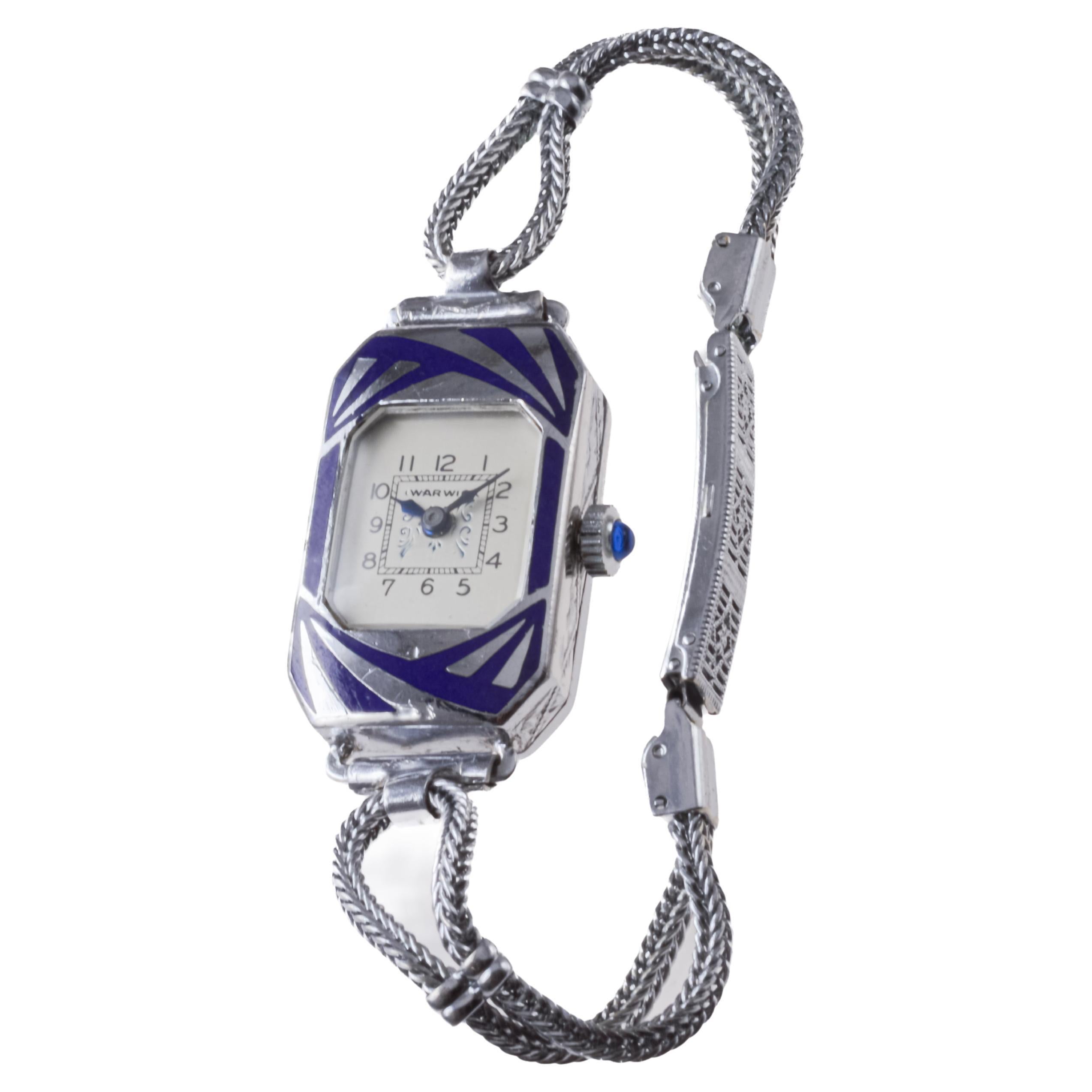 Warwick Chrome and Enamel Art Deco Ladies Watch circa 1920's For Sale 3