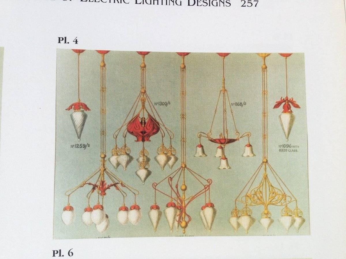 W.A.S. Benson, A Rare & Unique Five-Arm Chandelier with Vaseline Powell Shades. In Good Condition In London, GB