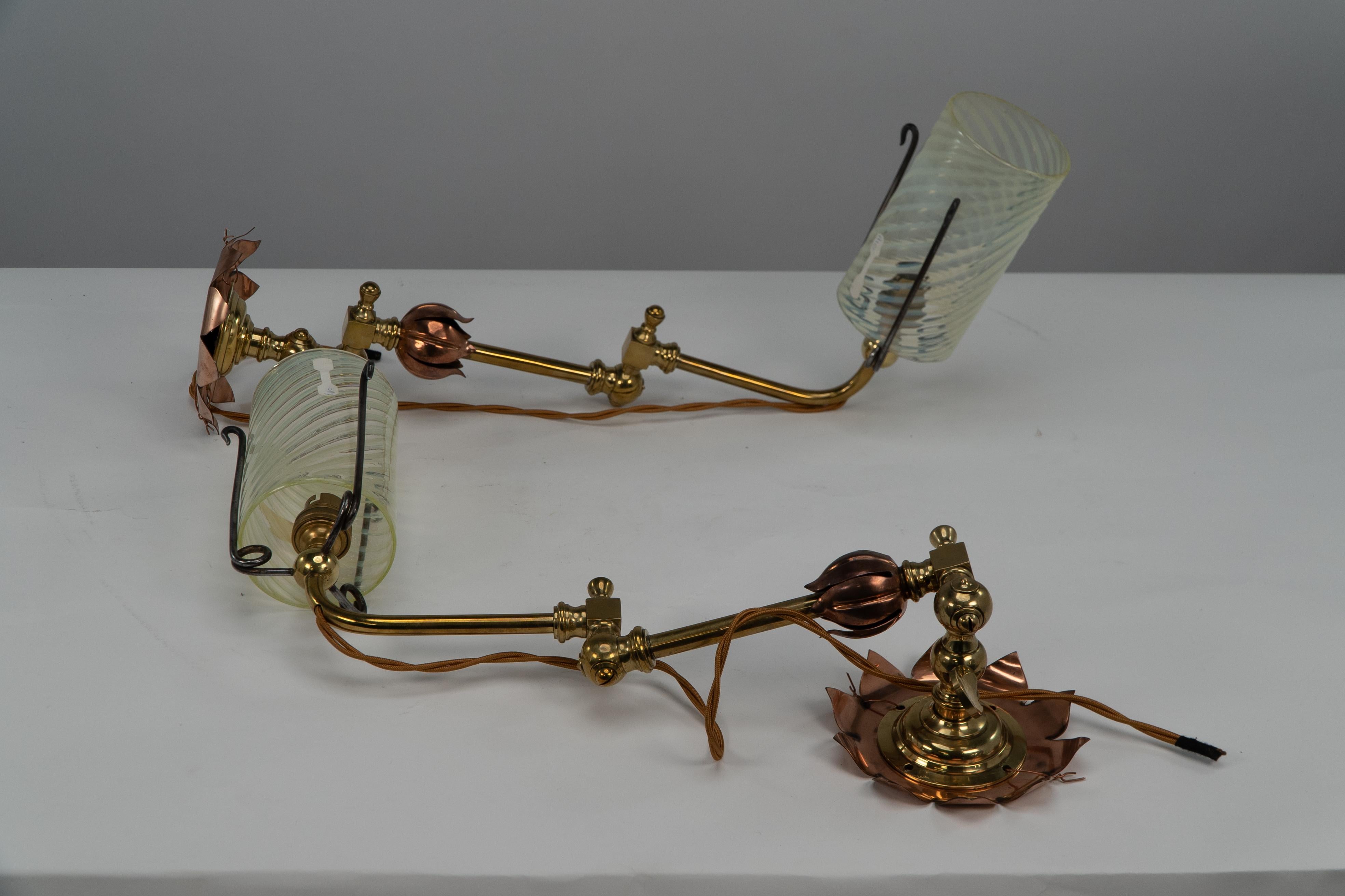 Victorian WAS Benson. A pair of copper & brass wall lights with lily pad wall back plates. For Sale
