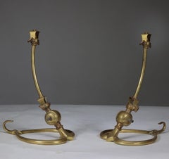 WAS Benson. A pair of Arts & Crafts brass table lamps with heart shaped bases