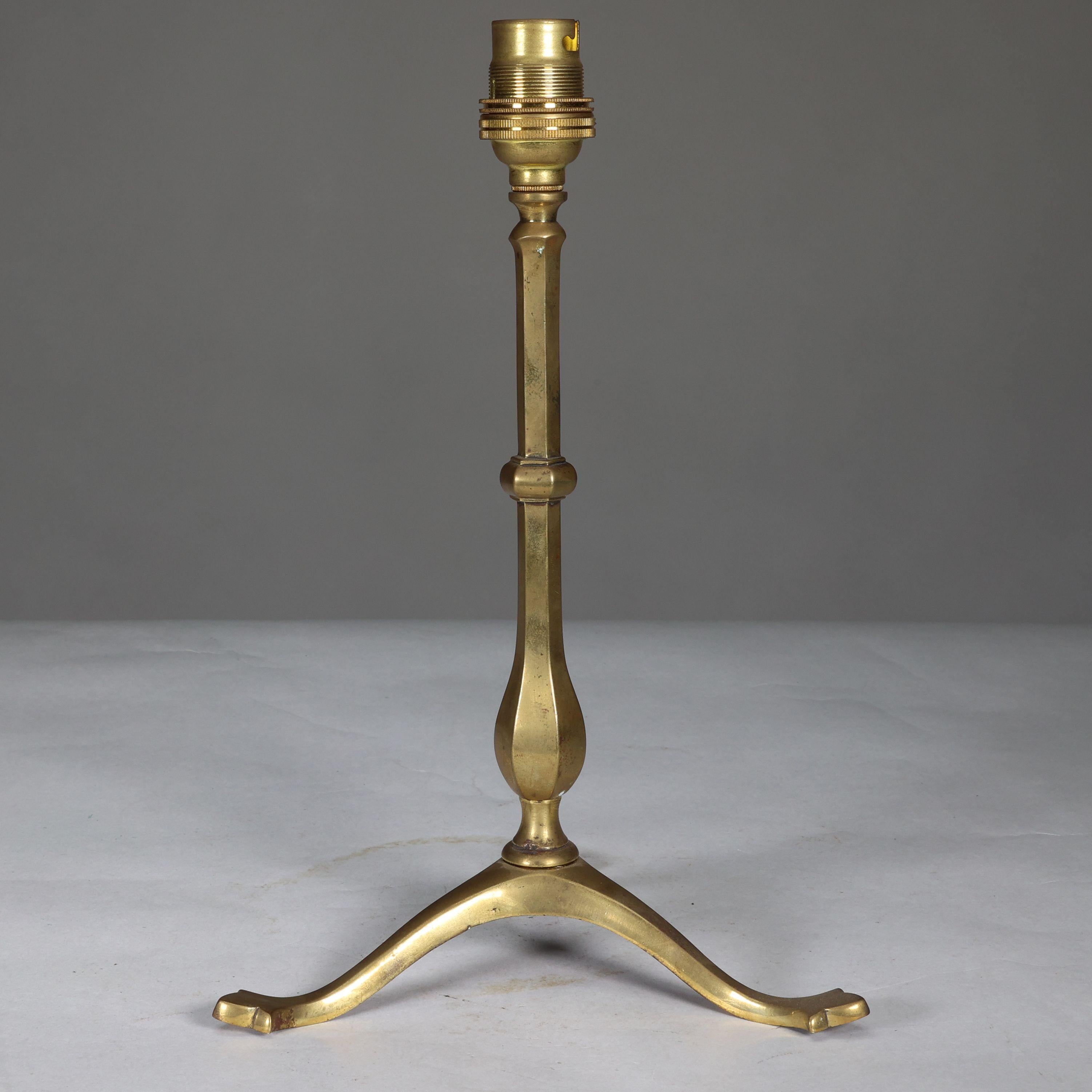 Early 20th Century WAS Benson. An Arts and Crafts brass three leg table lamp For Sale