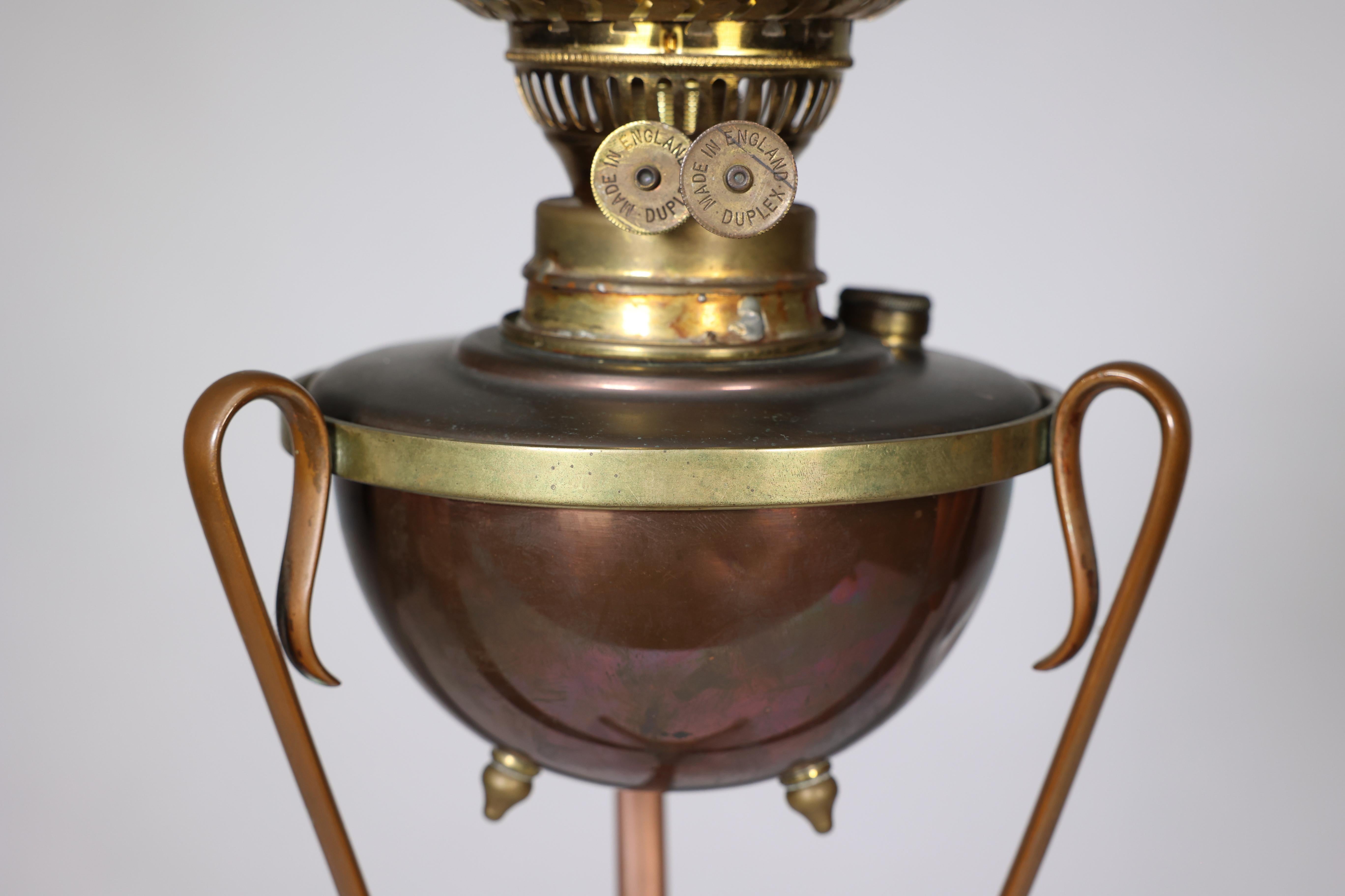 Early 20th Century WAS Benson. An Arts and Crafts copper and brass oil lamp. For Sale