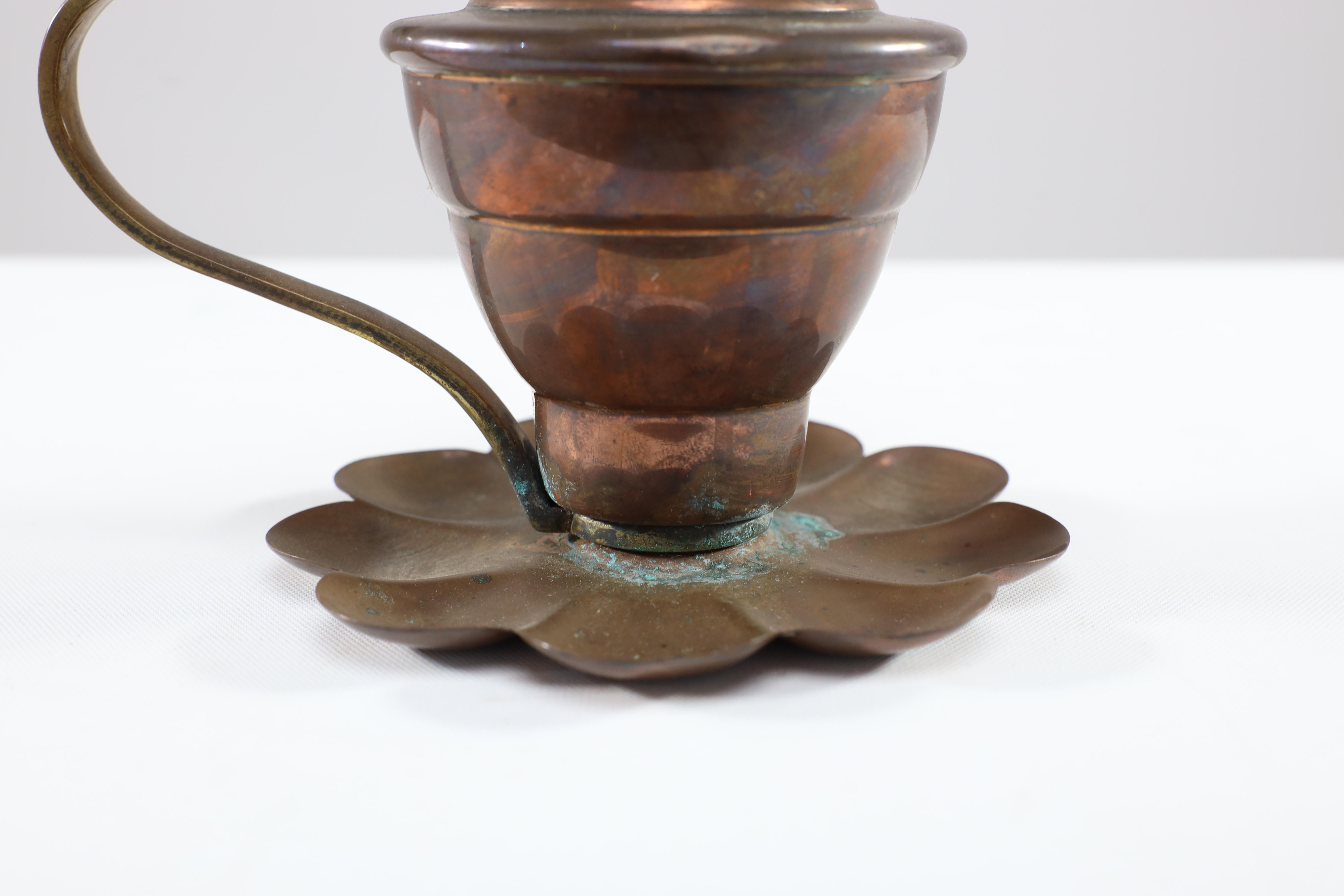 WAS Benson. An Arts and Crafts copper lilly pad oil light. For Sale 4