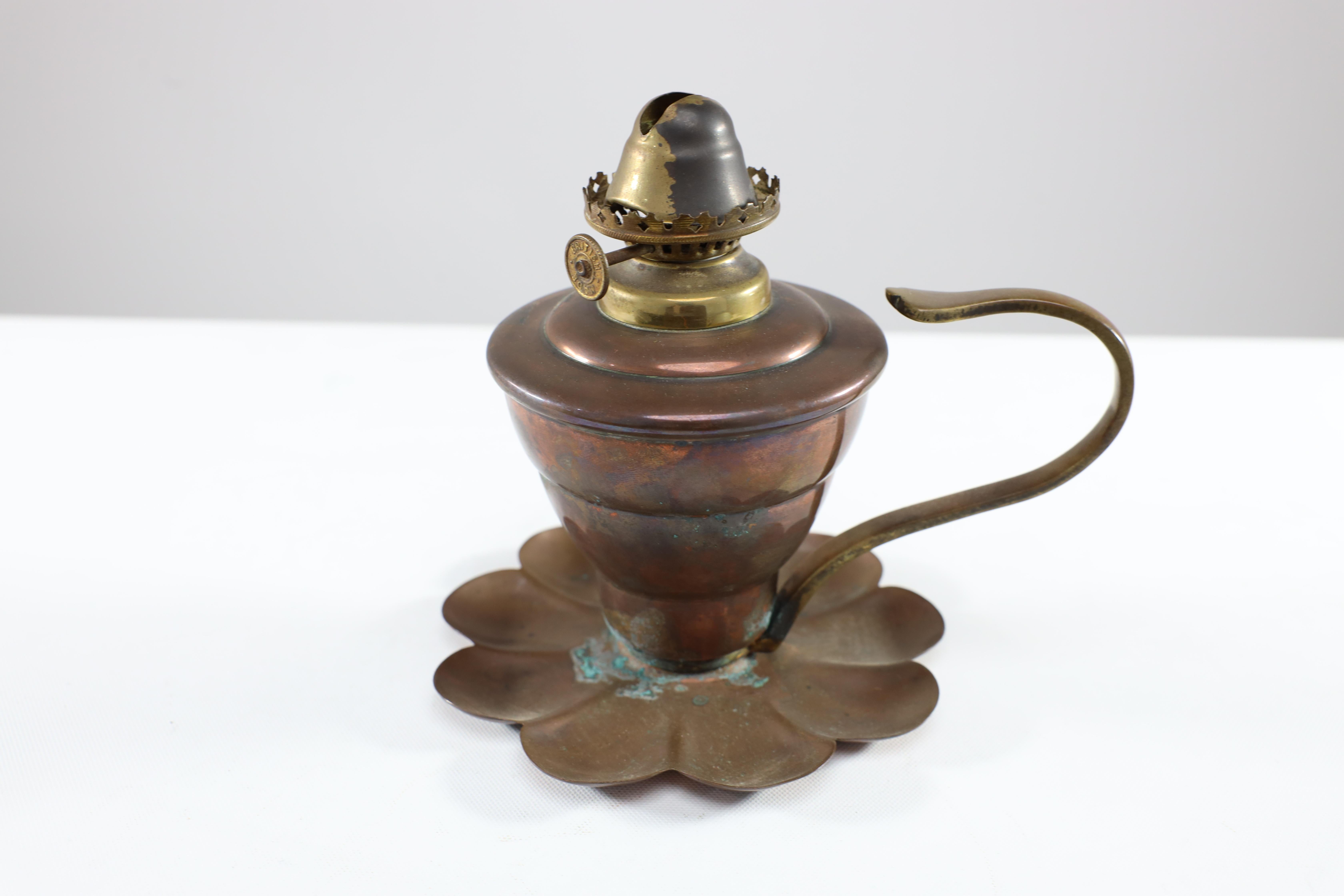 Copper WAS Benson. An Arts and Crafts copper lilly pad oil light. For Sale