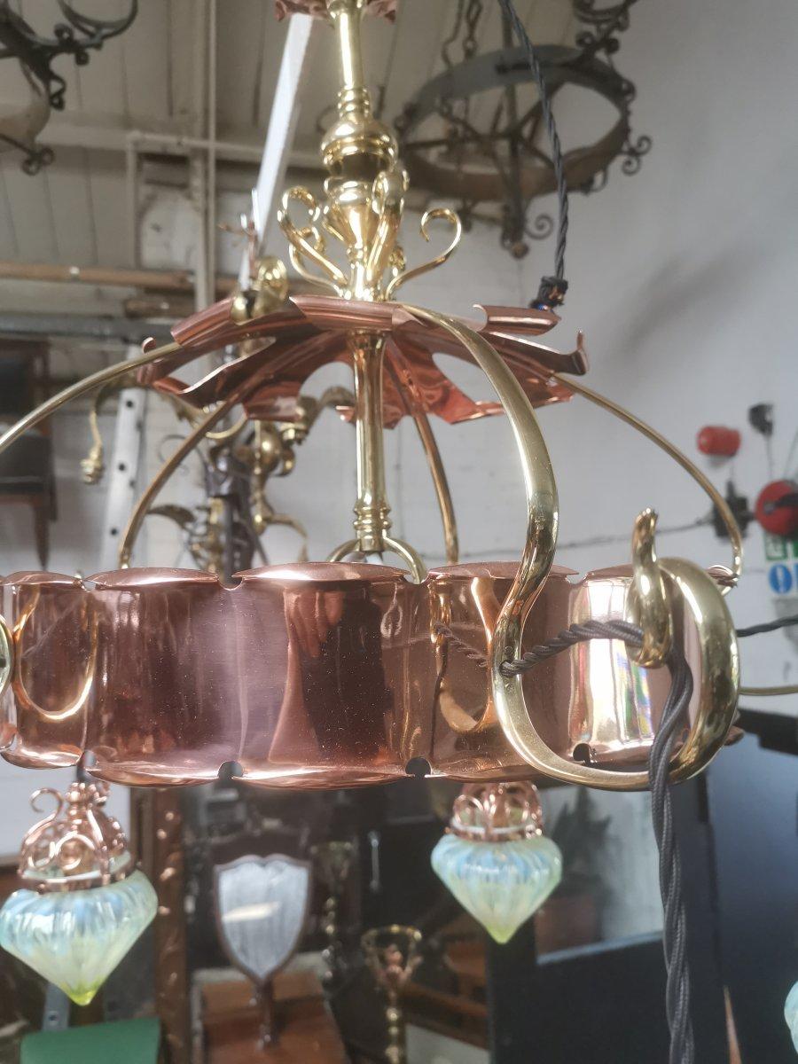 Early 20th Century W.A.S Benson, An Arts & Crafts Copper & Brass Chandelier with 5 Vaseline Shades. For Sale