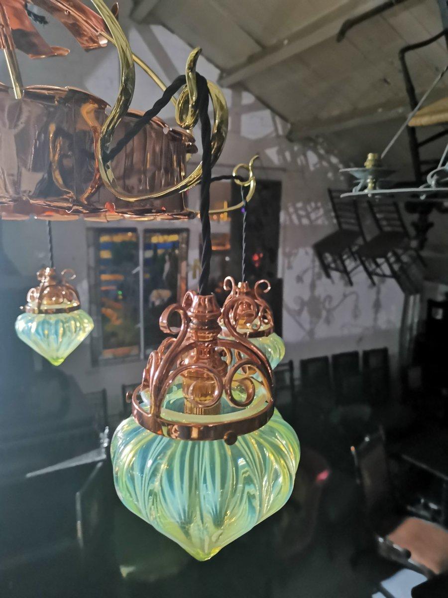 Art Glass W.A.S Benson, An Arts & Crafts Copper & Brass Chandelier with 5 Vaseline Shades. For Sale
