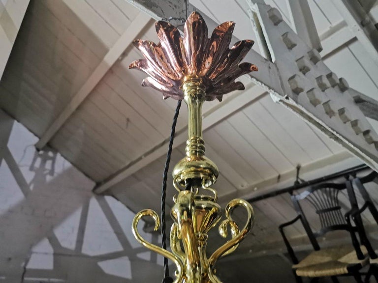 Early 20th Century W.A.S Benson, an Arts & Crafts Copper & Brass Chandelier with 5 Vaseline Shades For Sale