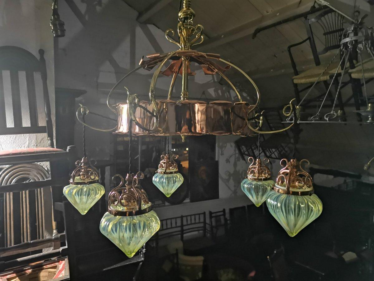 Hand-Crafted W.A.S Benson, An Arts & Crafts Copper & Brass Chandelier with 5 Vaseline Shades. For Sale
