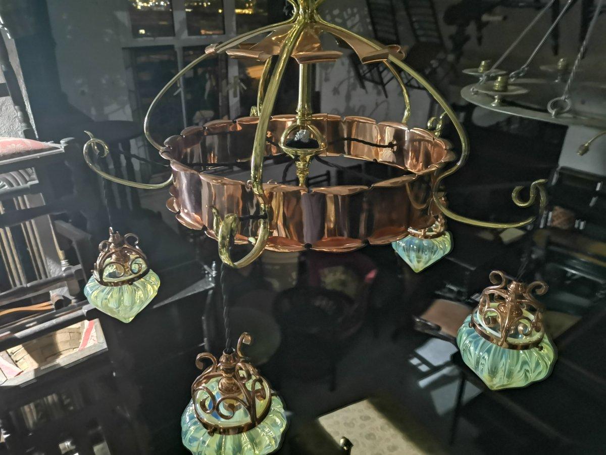 English W.A.S Benson, An Arts & Crafts Copper & Brass Chandelier with 5 Vaseline Shades. For Sale