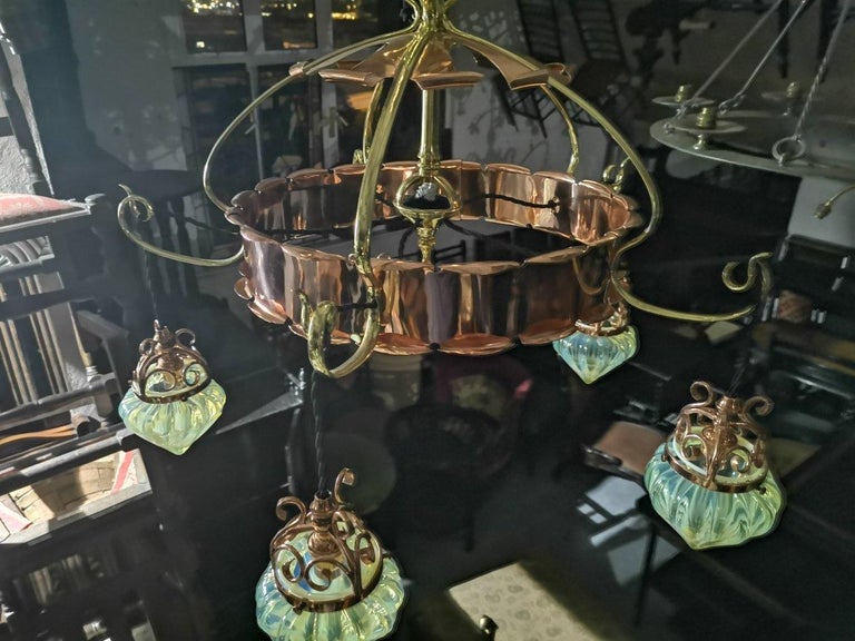W.A.S Benson, an Arts & Crafts Copper & Brass Chandelier with 5 Vaseline Shades For Sale 2