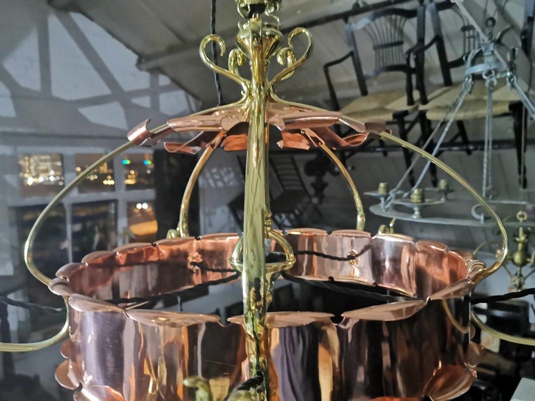 W.A.S Benson, an Arts & Crafts Copper & Brass Chandelier with 5 Vaseline Shades For Sale 3