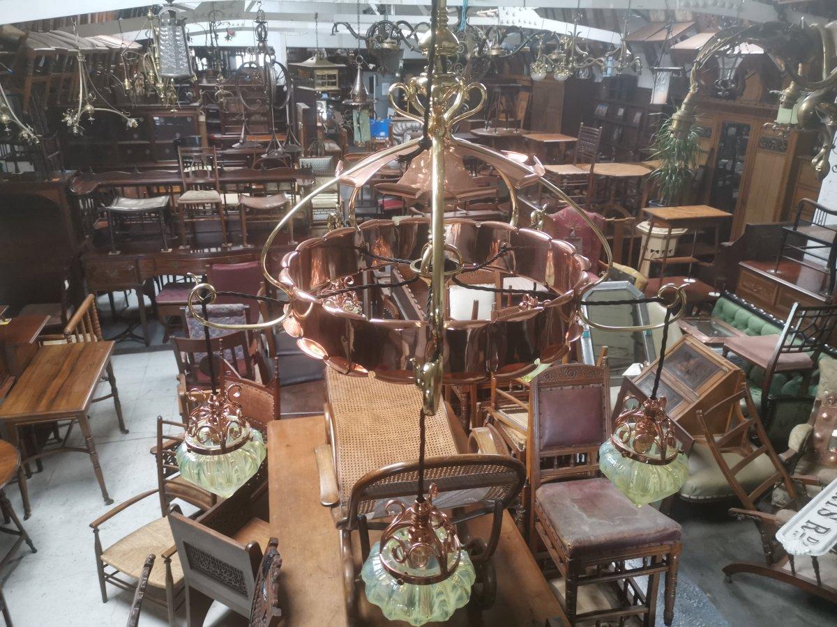 W.A.S Benson, An Arts & Crafts Copper & Brass Chandelier with 5 Vaseline Shades. In Good Condition For Sale In London, GB