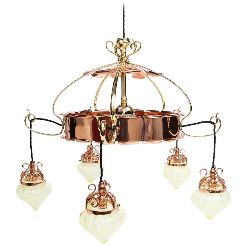 W.A.S Benson, an Arts & Crafts Copper & Brass Chandelier with 5 Vaseline Shades
