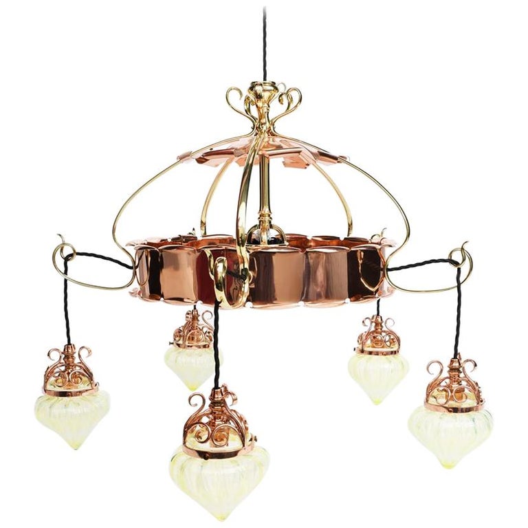 W.A.S Benson five-arm copper and brass chandelier with vaseline-glass shades, 1900, offered by Puritan Values