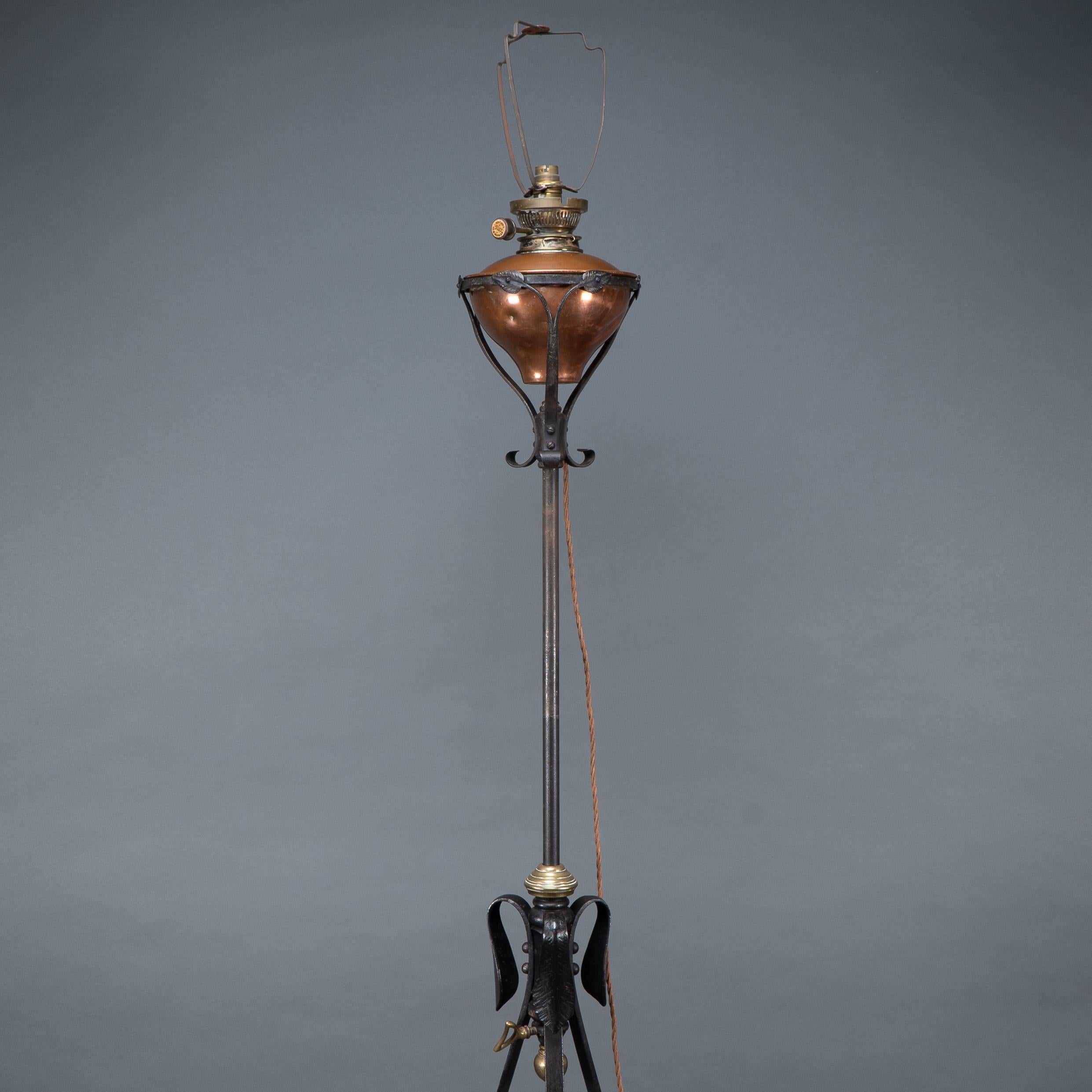 Arts and Crafts WAS Benson. An extremely rare Arts & Crafts iron telescopic standard floor lamp For Sale