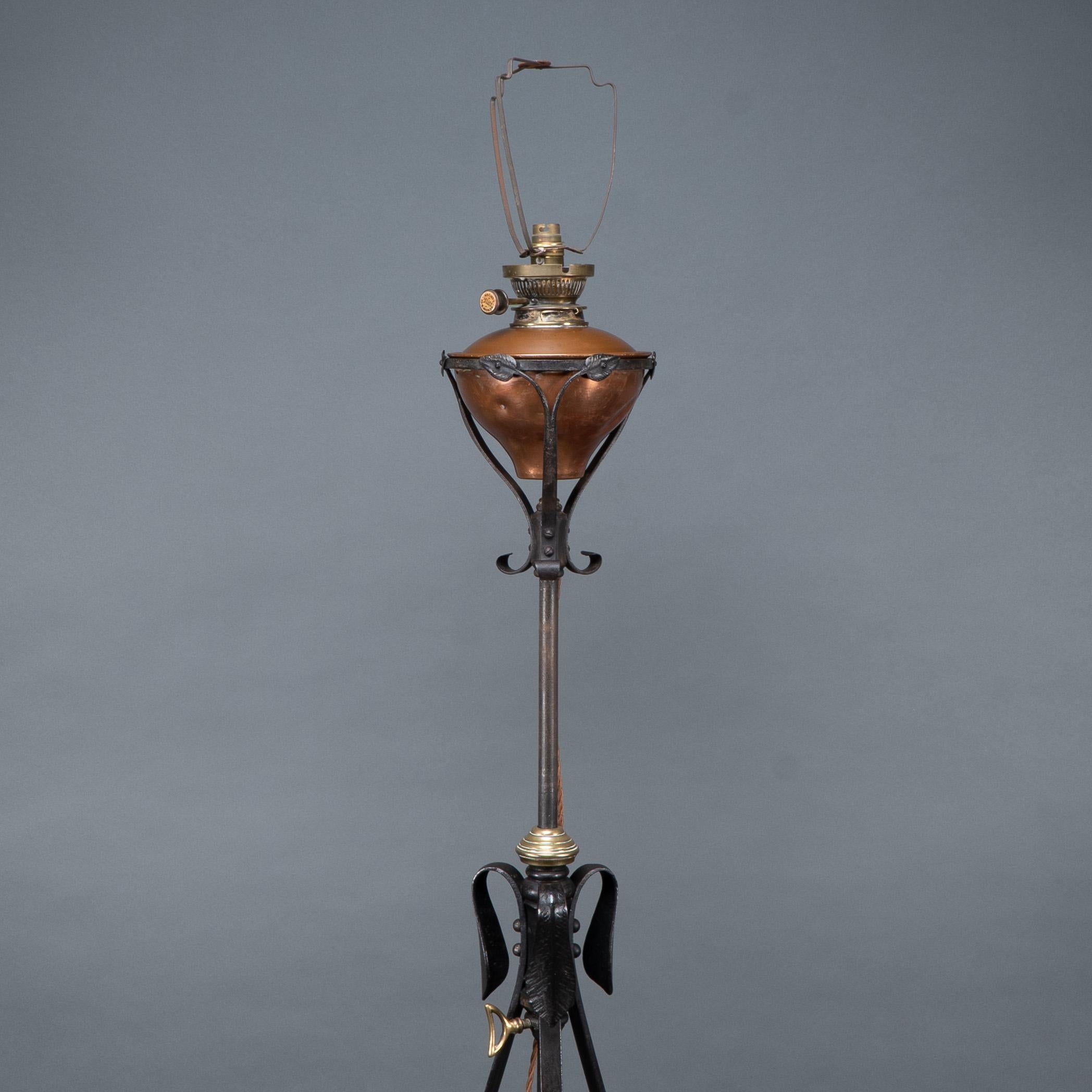 English WAS Benson. An extremely rare Arts & Crafts iron telescopic standard floor lamp For Sale