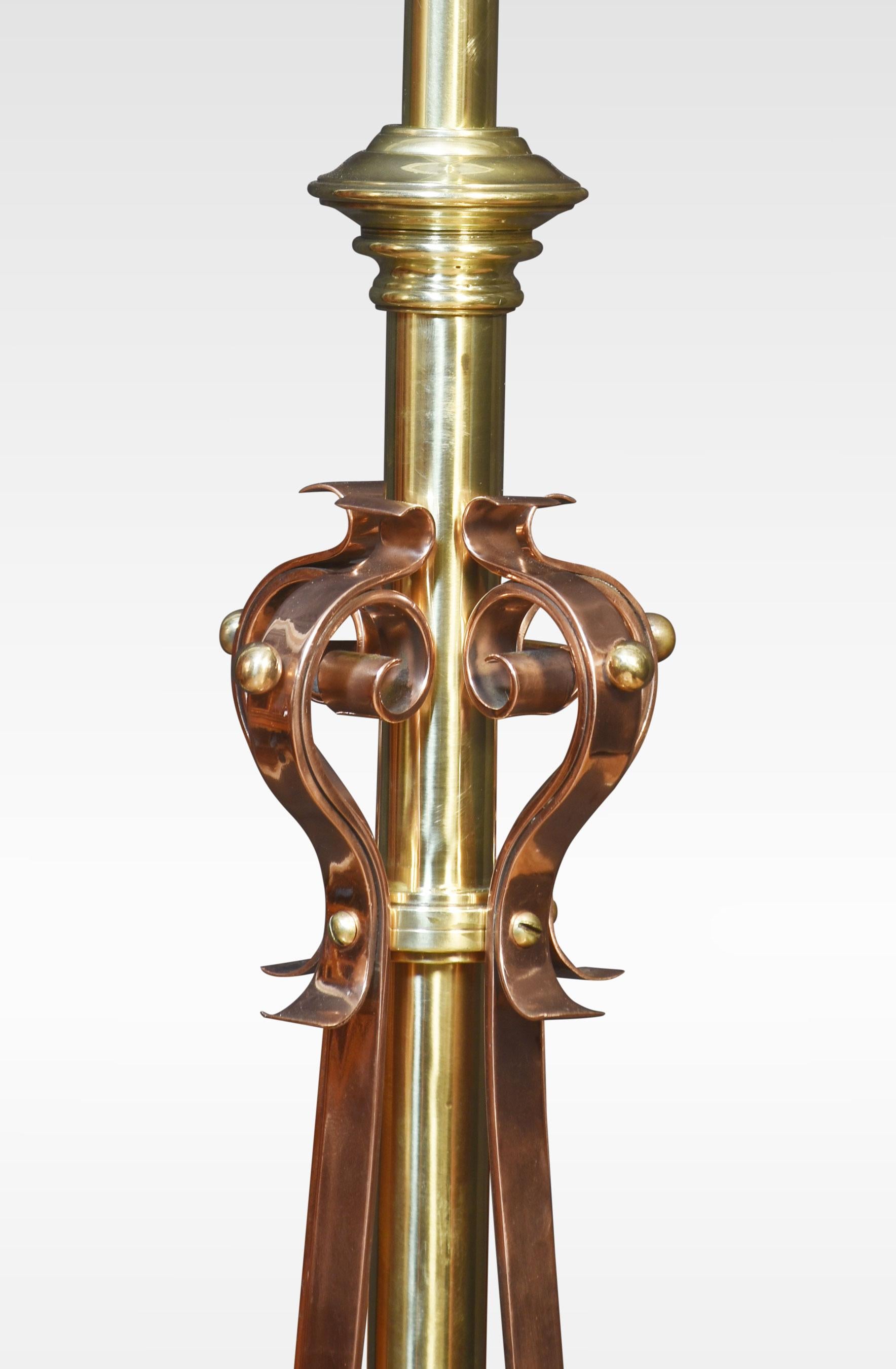 Brass and copper standard lamps The design attributed to W.A.S. Benson, with central brass column and four shaped legs terminating in paw feet. applied with copper strap work.
Dimensions
Height 73.5 inches
Width 19.5 inches
Depth 19.5 inches.