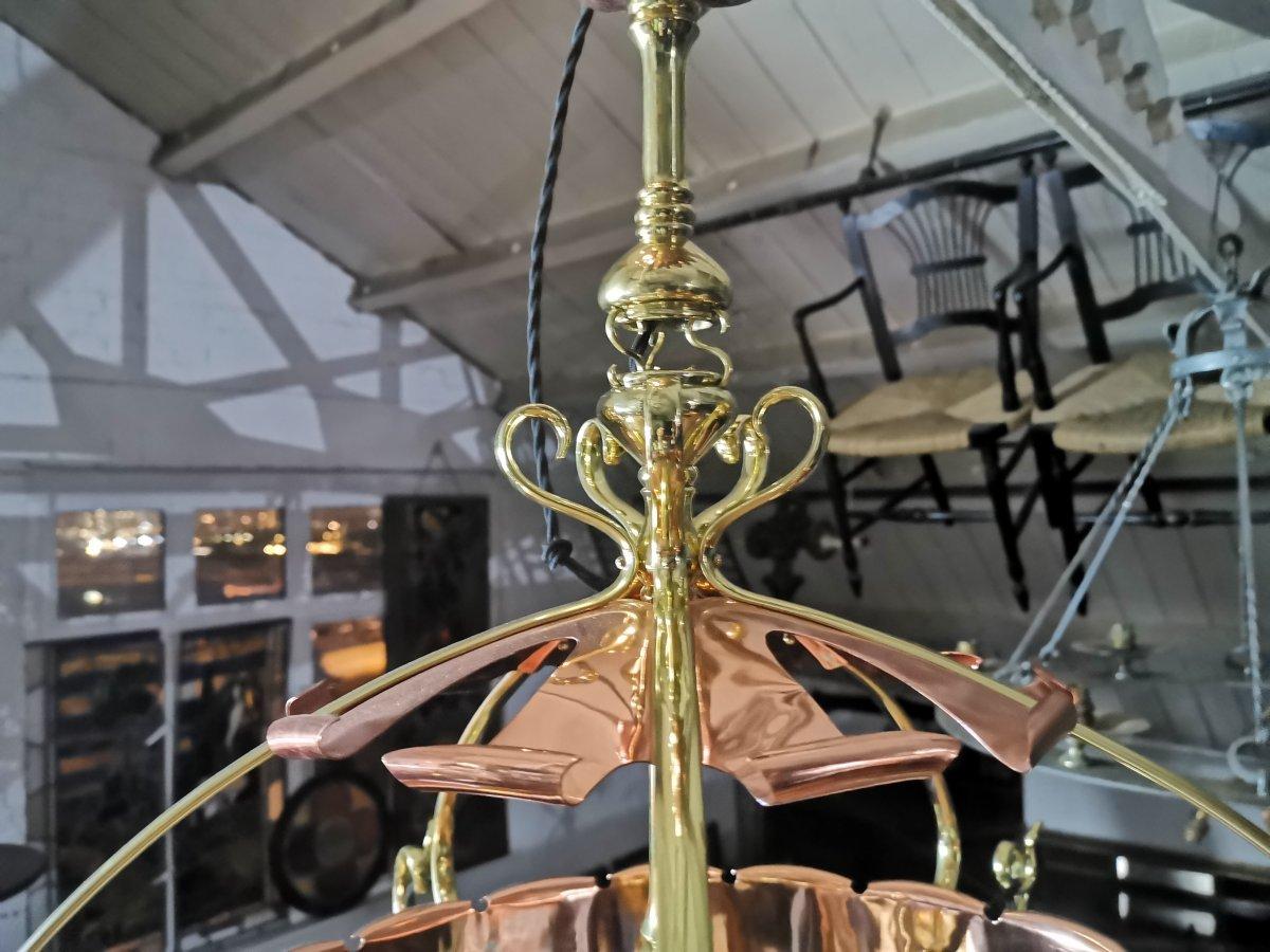 W.A.S Benson. An Arts & Crafts copper & brass chandelier with 5 Vaseline shades For Sale 3