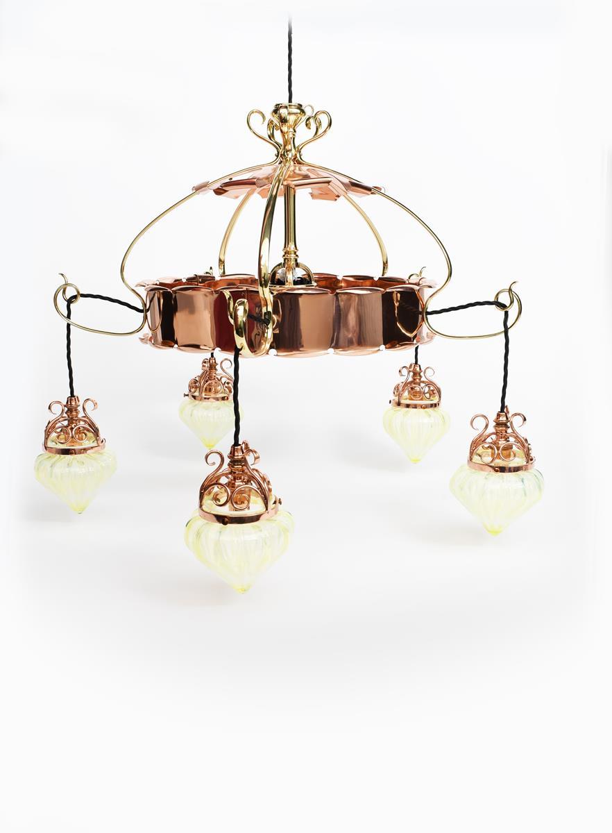 W.A.S Benson. An Arts & Crafts copper & brass chandelier with 5 Vaseline shades For Sale