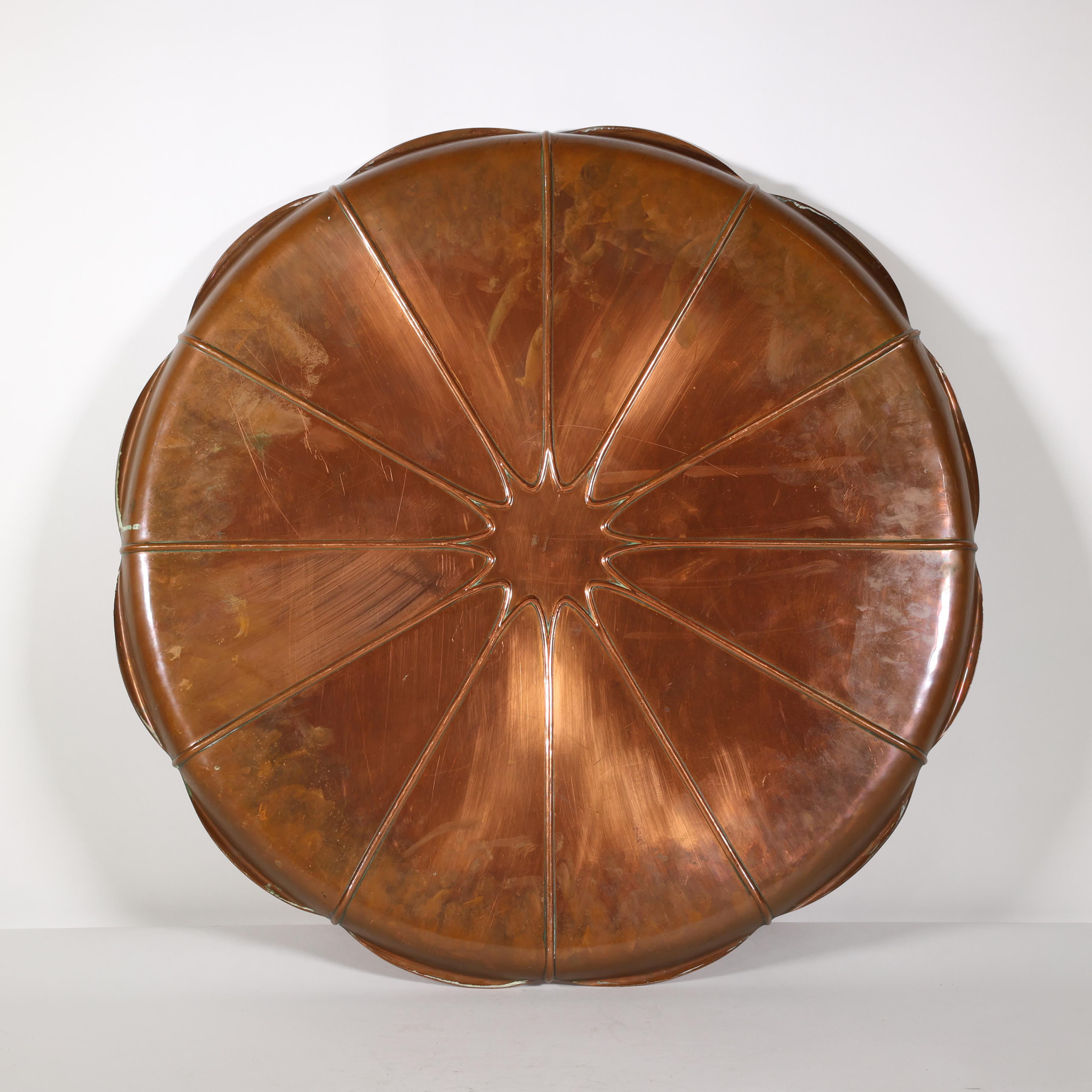 WAS Benson stamped mark. A very large Arts and Crafts copper lily pad tray.
