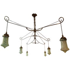 Antique WAS Benson, a Rare Dining, Billiard or Snooker Chandelier with 8 Vaseline Shades