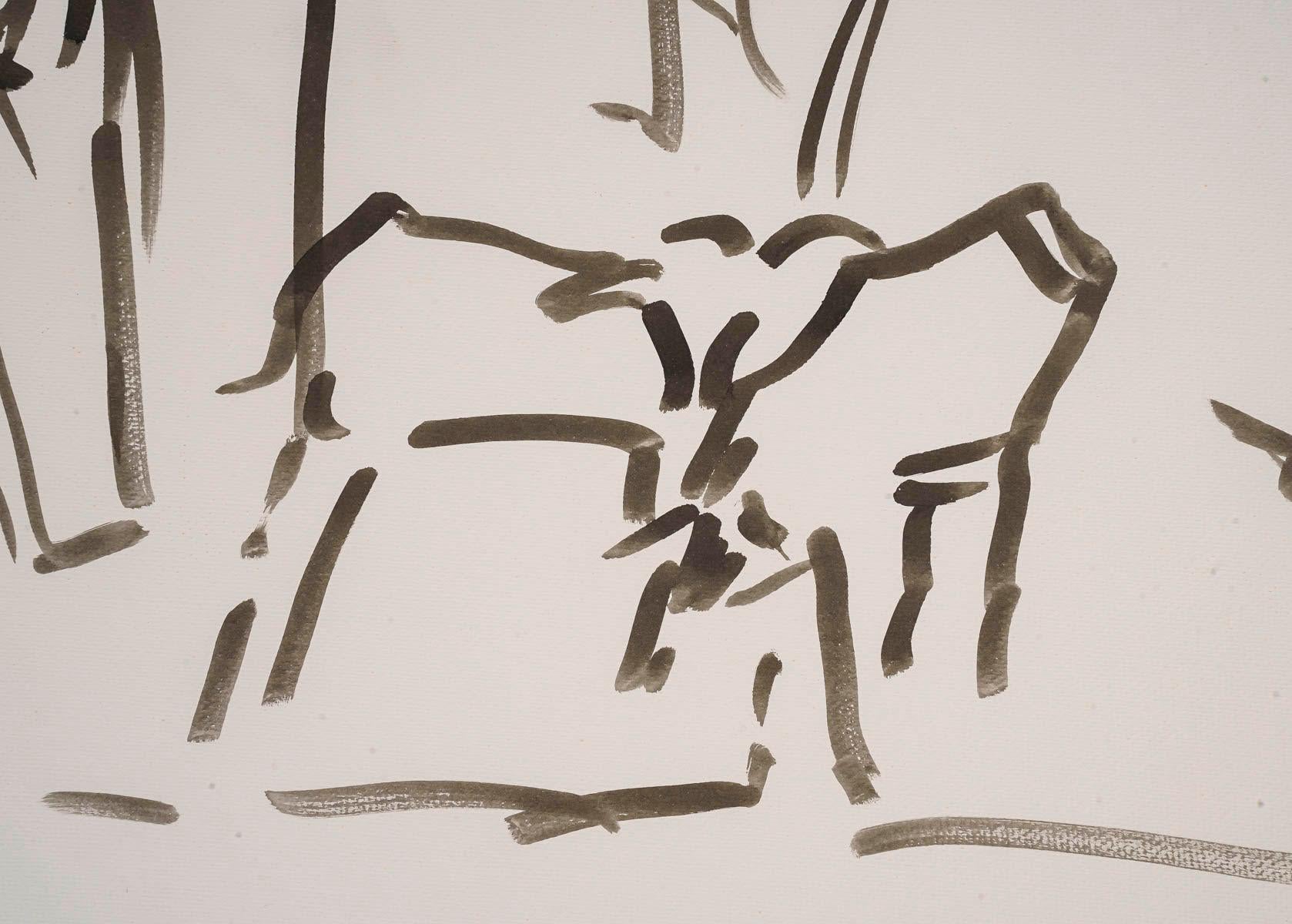 Wash drawing by artist Evelyne Luez on paper, 20th century.

Drawing by the artist Evelyne Luez on paper in wash, representing a meeting of men with hats, 20th century.
H: 42cm, W: 59cm, D: 0,3cm