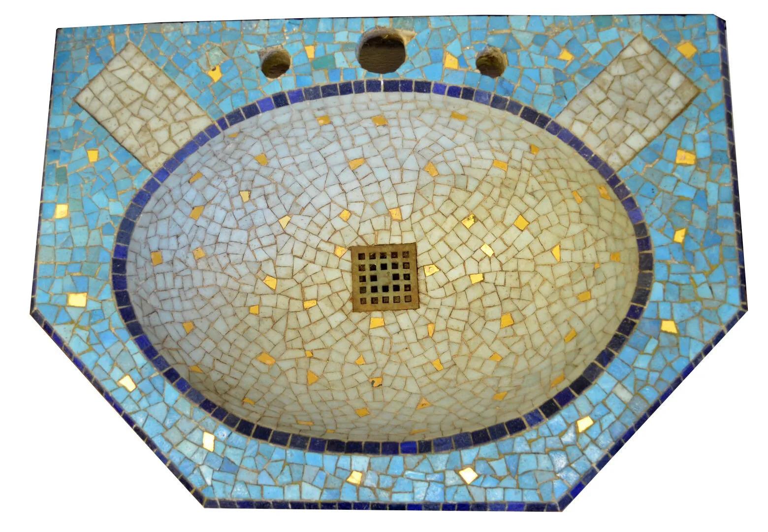 Art Deco Washbasin in Cement Fully Covered with Blue, White & Golden Ceramics circa 1930 For Sale