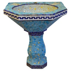 Vintage Washbasin in Cement Fully Covered with Blue, White & Golden Ceramics circa 1930
