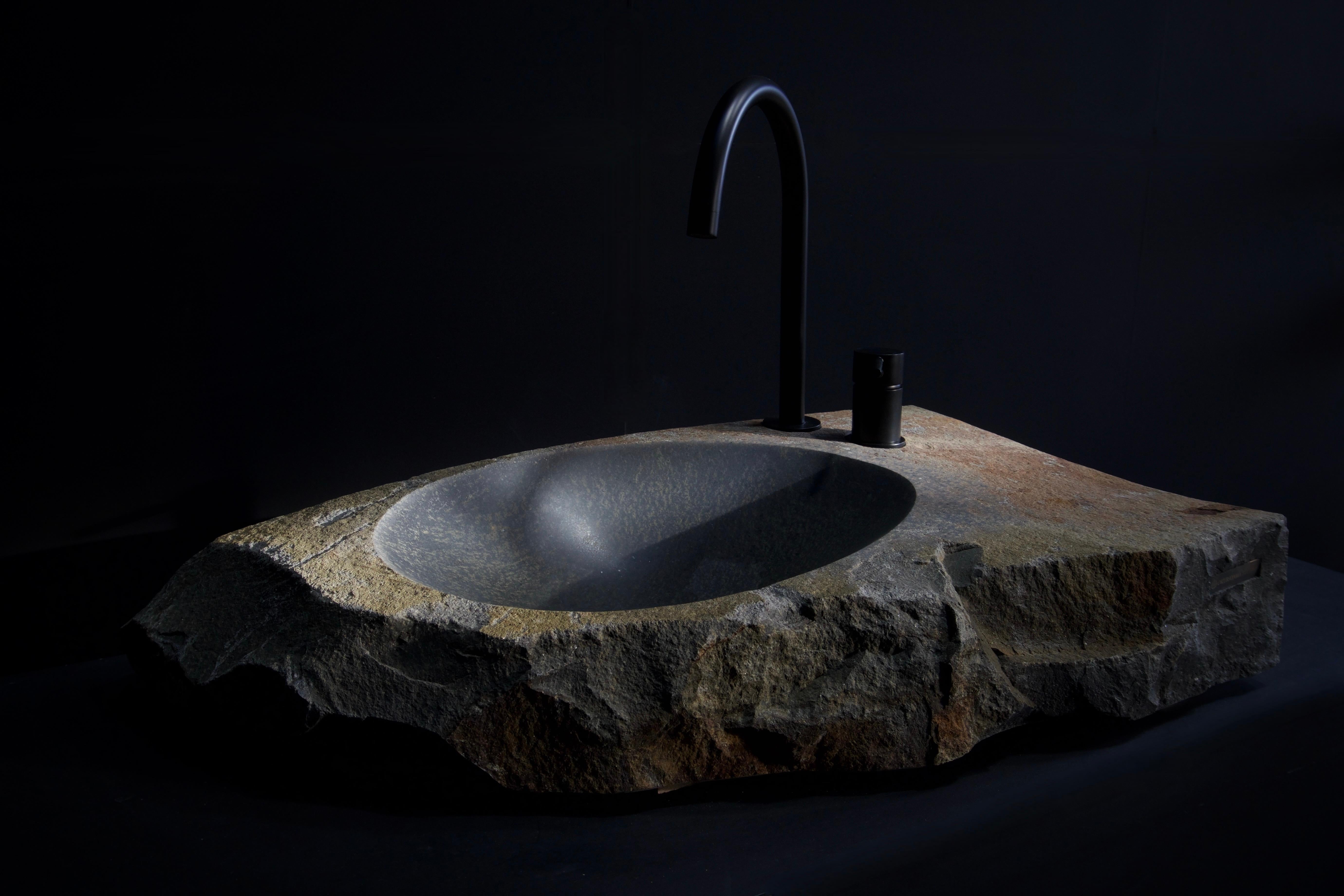 Washbasin S10 Sink by Okurayama
One Of A Kind.
Dimensions: D 44,5 x W 79,8 x H 13 cm.
Material: Daté Kan Stone.

The Daté Kan Stone is a rare stone that exist only in a few mountains in Japan.

The defining characteristic of Date´ Kan Stone is that