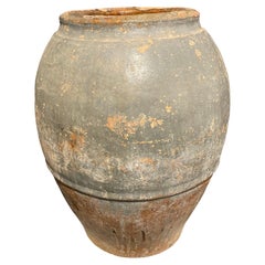 Washed Grey And Green Aged Patina Olive Pot, Spain, 19th Century