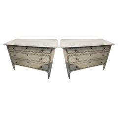 Washed Grey Decoratively Painted Pair Three Drawer Commodes, Italy, Contempory
