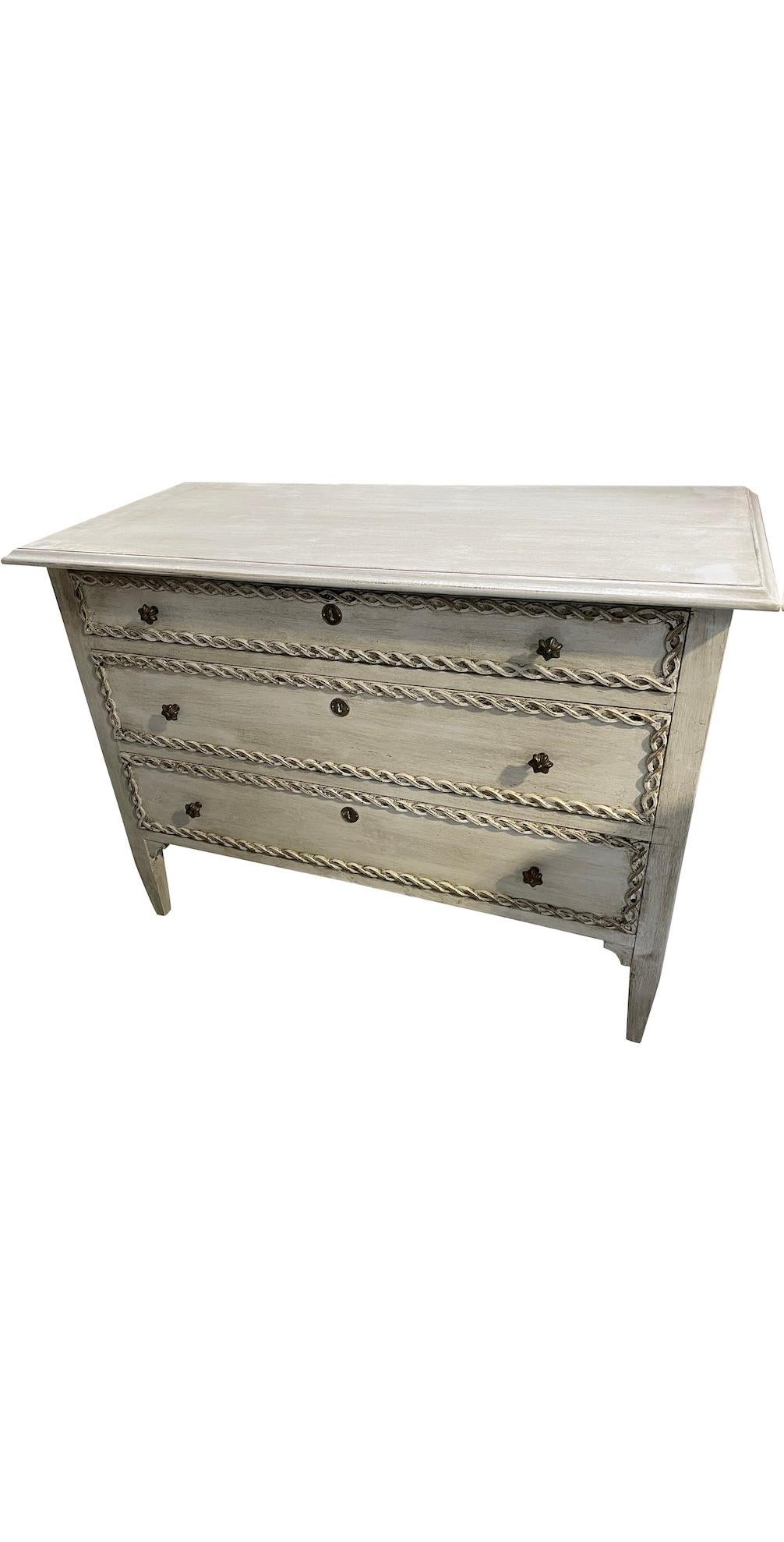 Italian Washed Grey Decoratively Painted Three Drawer Commode, Italy, Contemporary For Sale