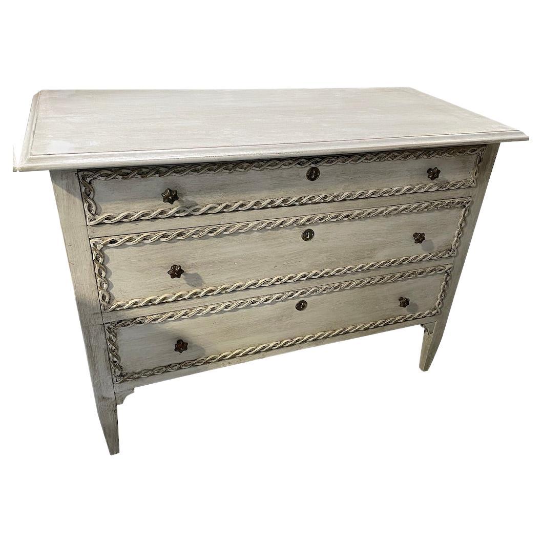 Washed Grey Decoratively Painted Three Drawer Commode, Italy, Contemporary