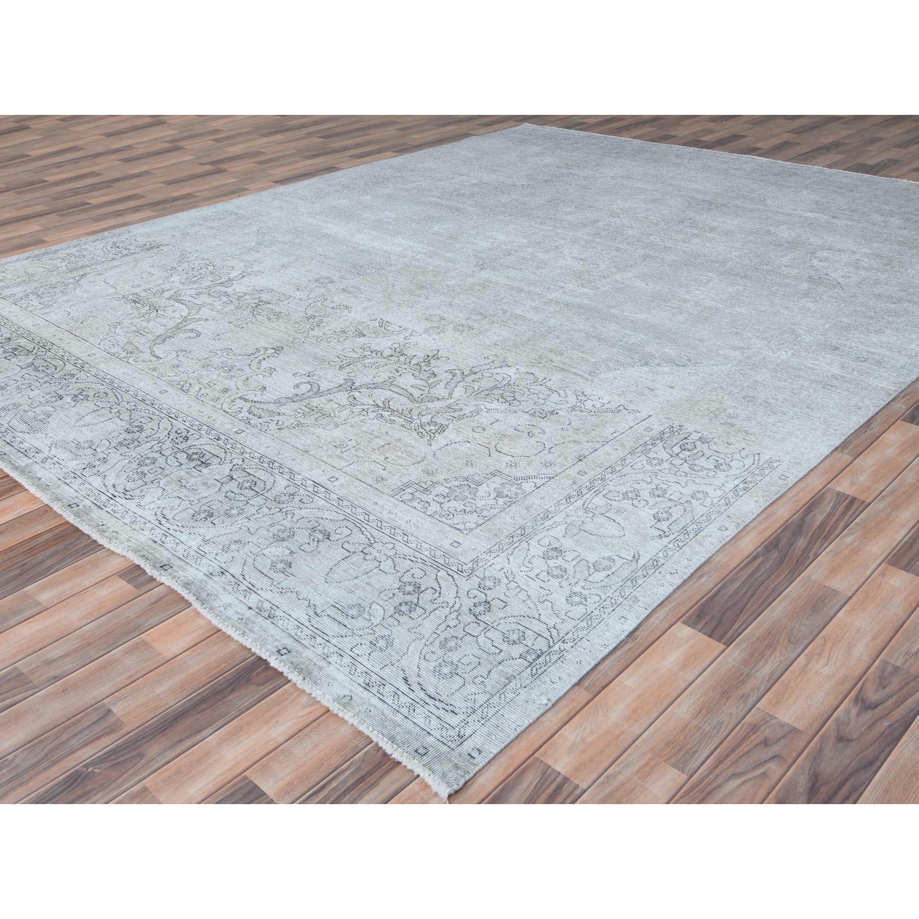 Washed Out Gray Vintage Persian Tabriz, Hand Knotted Worn Wool Distressed Rug In Good Condition For Sale In Carlstadt, NJ