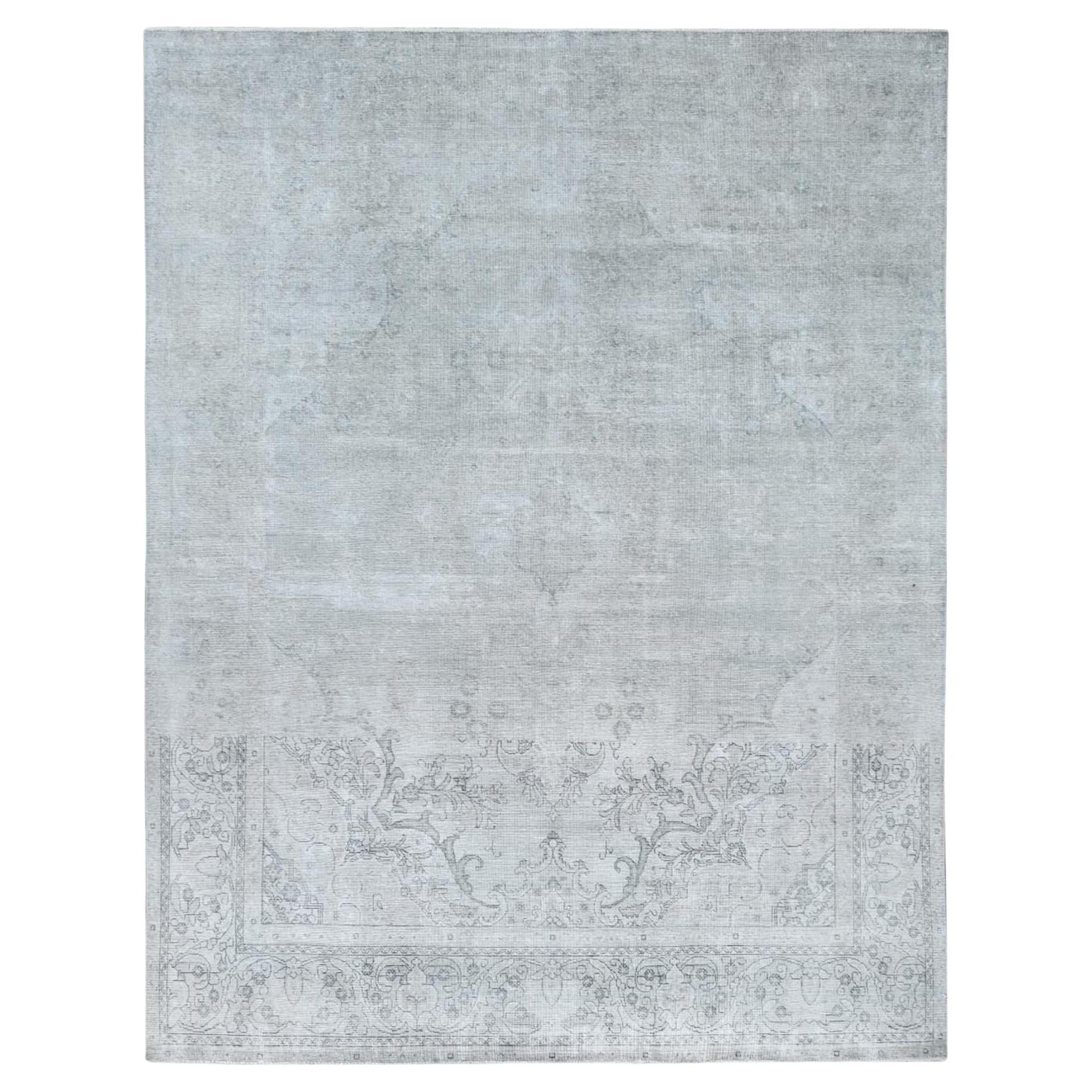 Washed Out Gray Vintage Persian Tabriz, Hand Knotted Worn Wool Distressed Rug For Sale
