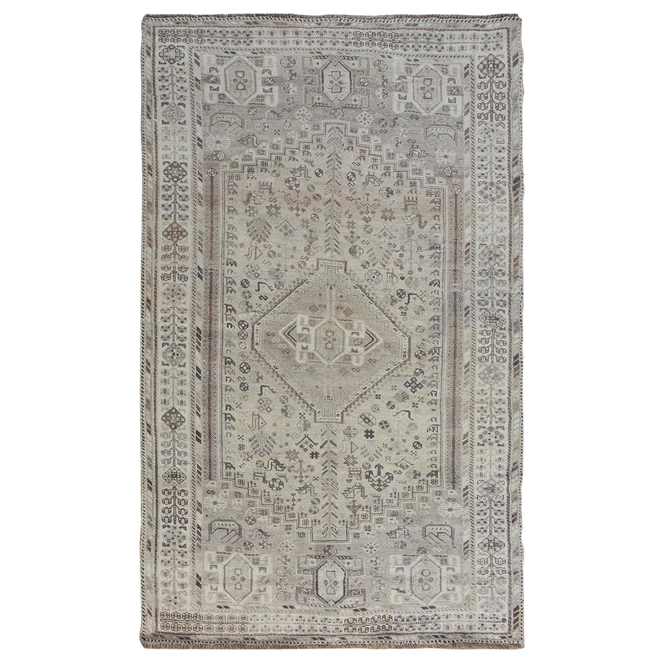 Washed Out Vintage and Worn Down Persian Qashqai Pure Wool Hand Knotted Rug For Sale
