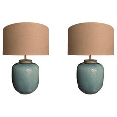 Washed Turquoise Glazed Pair Barrel Shaped Table Lamps, China, Contemporary