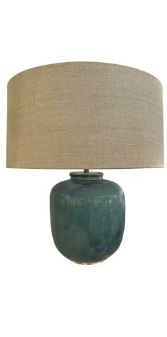 Washed Turquoise Glazed Pair Barrel Shaped Table Lamps With Shades, China