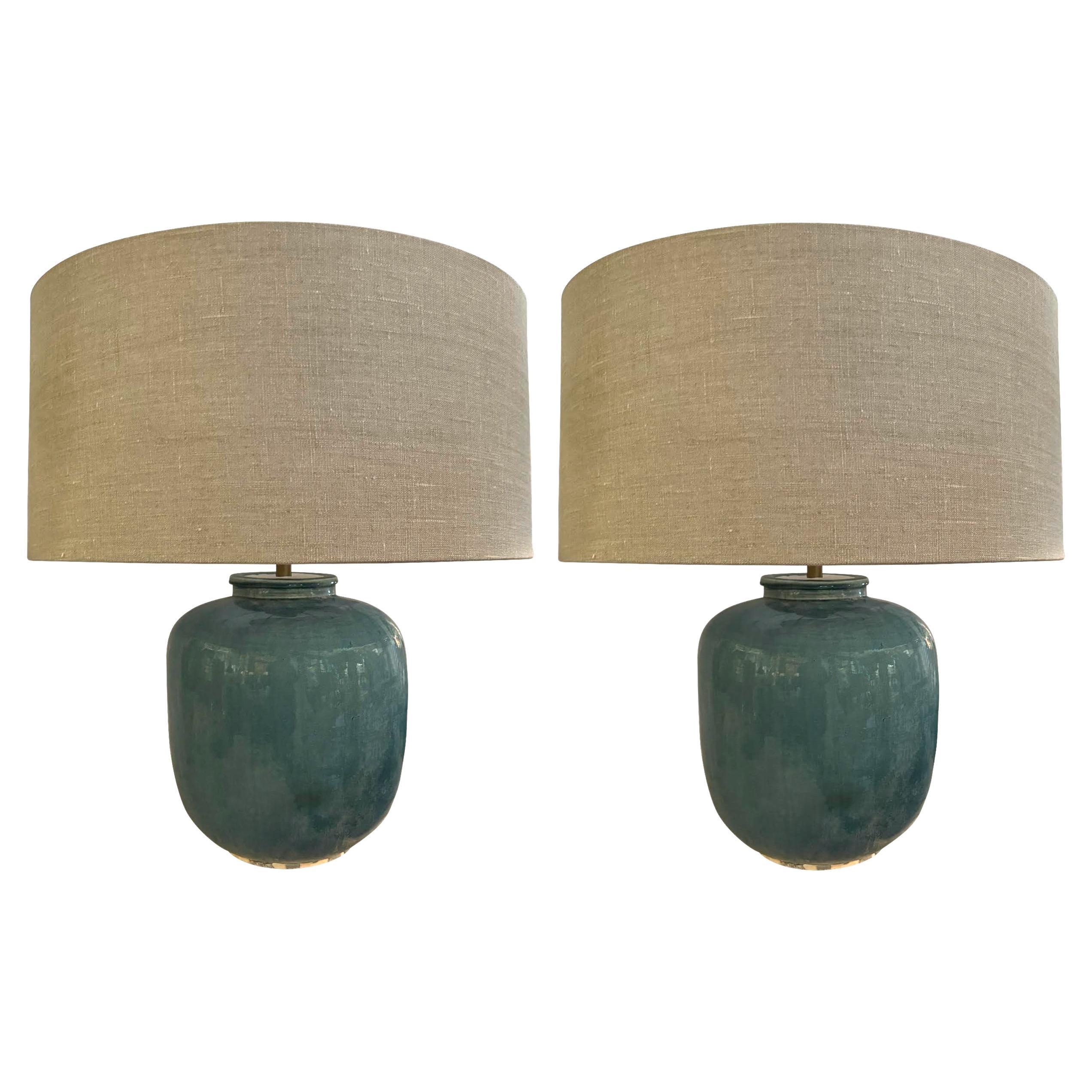Washed Turquoise Glazed Pair Barrel Shaped Table Lamps With Shades, China For Sale