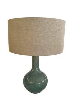 Washed Turquoise Glazed Pair Funnel Neck Table Lamps With Shades, China