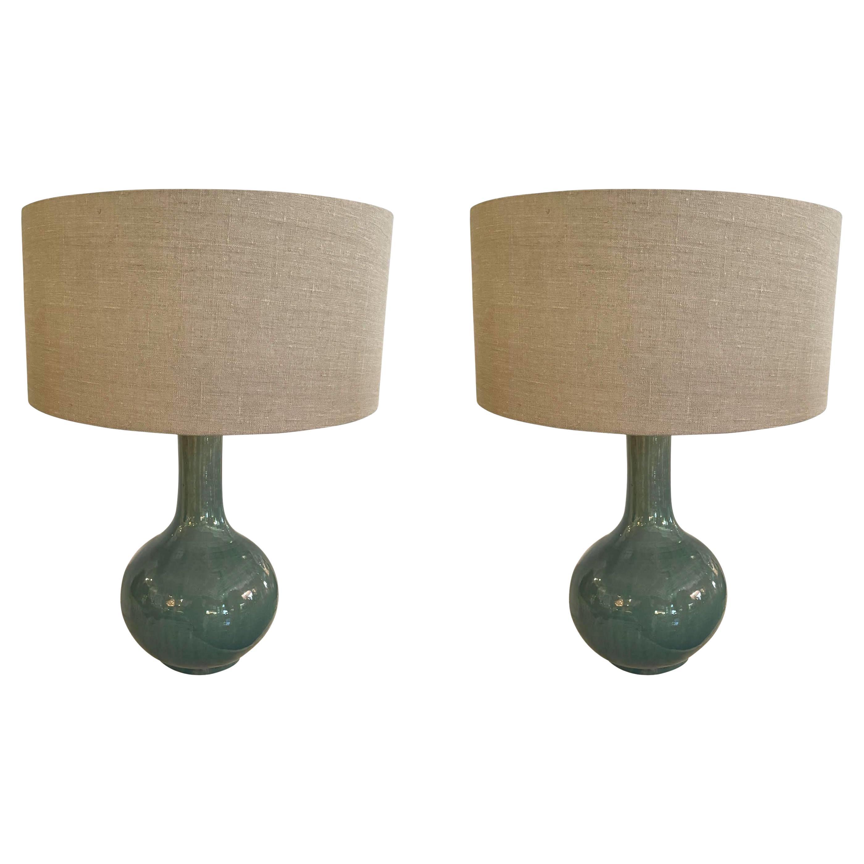 Washed Turquoise Glazed Pair Funnel Neck Table Lamps With Shades, China For Sale