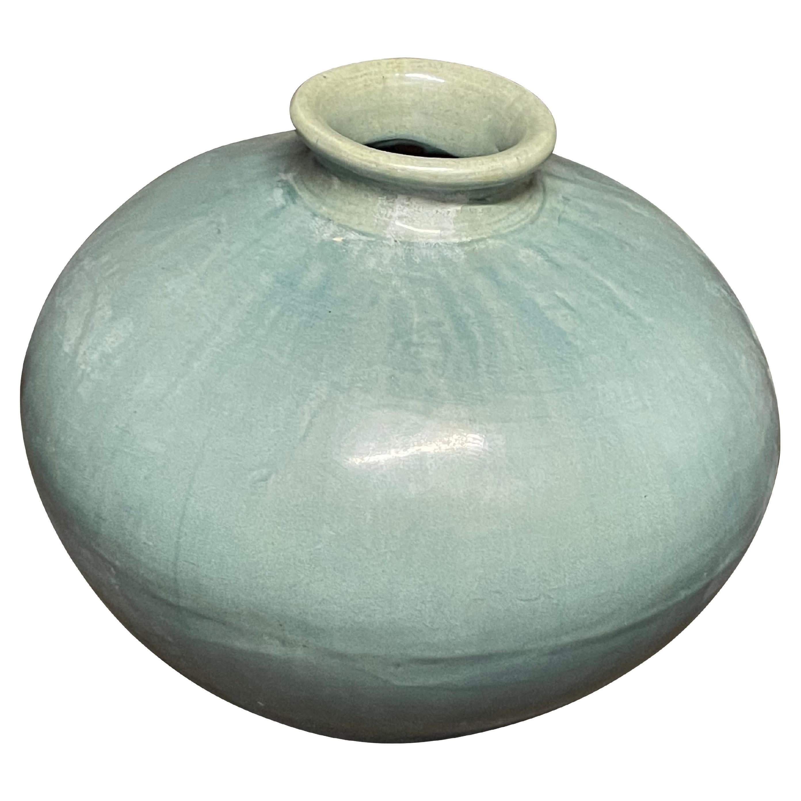 Washed Turquoise Glazed Round Vase, China, Contemporary For Sale