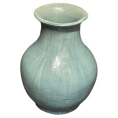 Washed Turquoise Glazed Wide Mouth Curved Vase, China, Contemporary