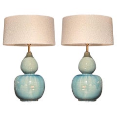 Washed Turquoise Gourd Shaped Pair Table Lamps, China, Contemporary