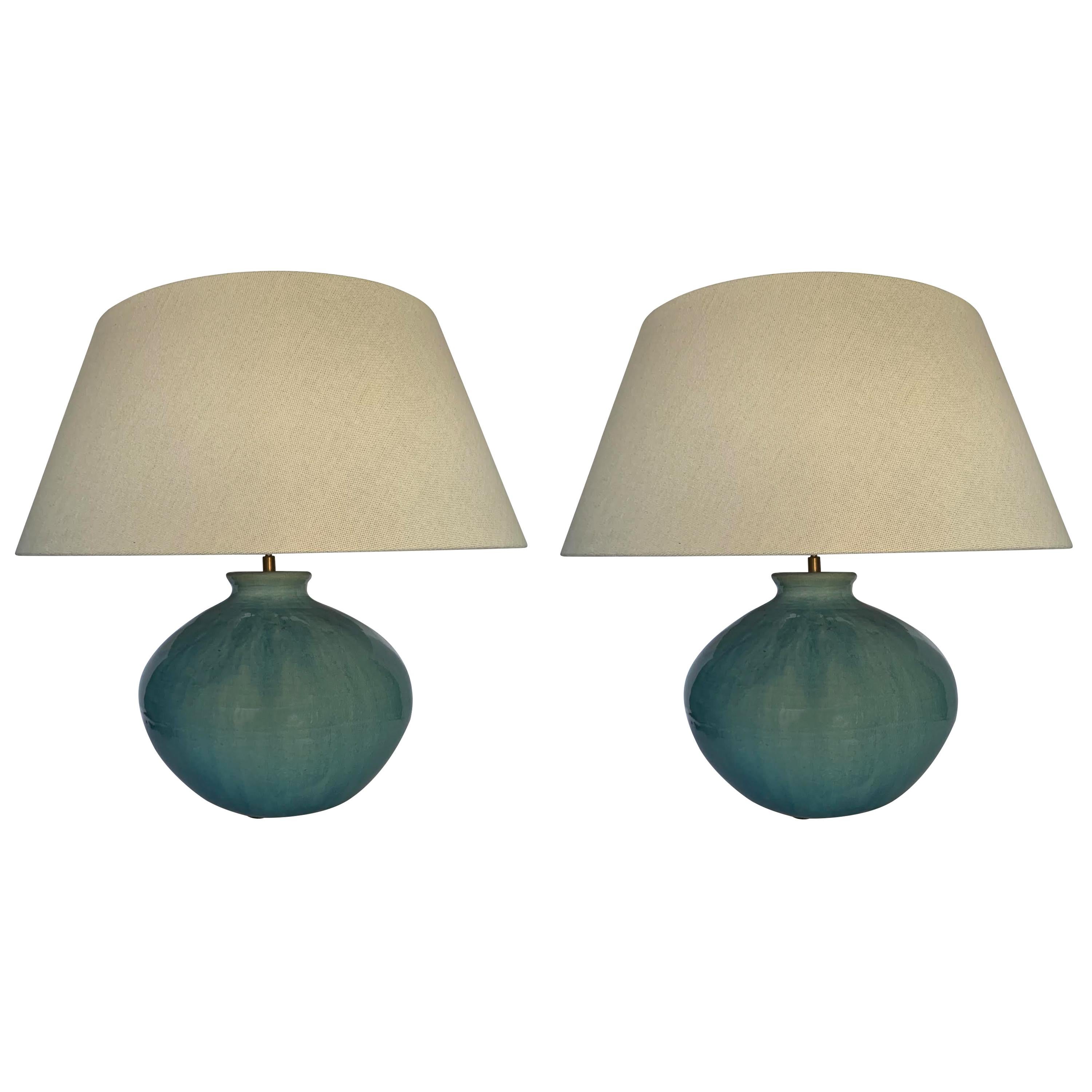 Washed Turquoise Pair Of Round Base Lamps, China, Contemporary For Sale