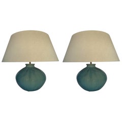 Washed Turquoise Pair Of Round Base Lamps, China, Contemporary