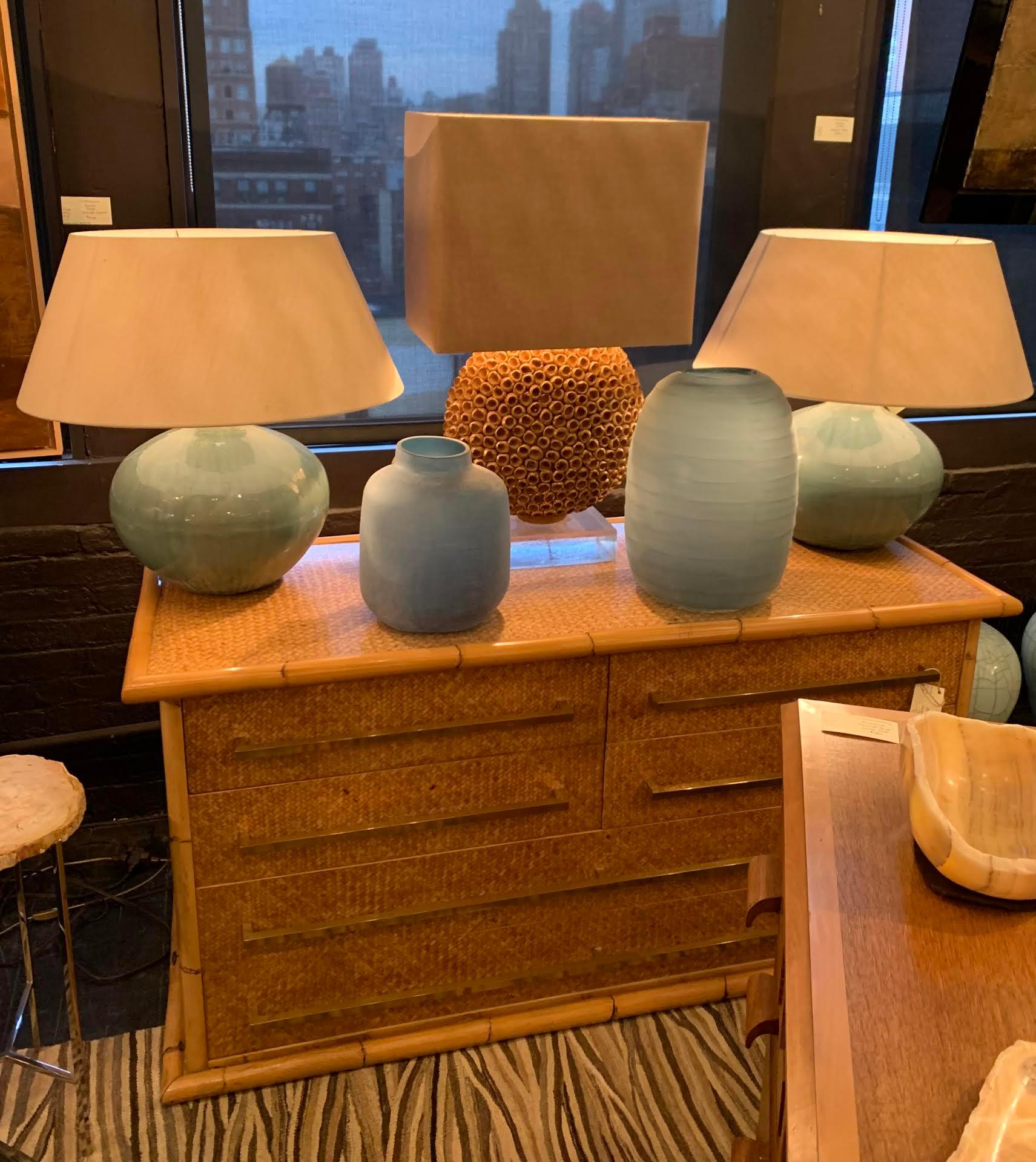 Washed Turquoise Round Base Pair Lamps, China, Contemporary In New Condition In New York, NY